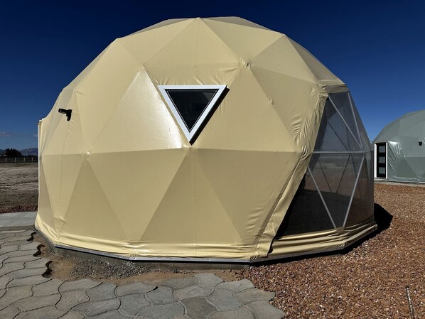 A geodesic dome structure with a triangular window, a door, and a small vent.