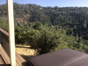 Une terrasse offrant une vue sur une colline boisée.