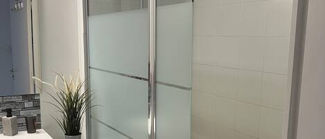 Shower, hair dryer, towels, soap