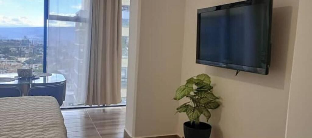 A hotel room with a large window, a bed, a small table, a potted plant, and a mounted TV.