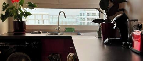 Fridge, microwave, stovetop, coffee/tea maker