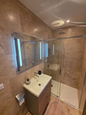 Shower, hair dryer, towels - Room 'Rouge-gorge' with Lake View, Private Balcony and Wi-Fi (Excenevex)