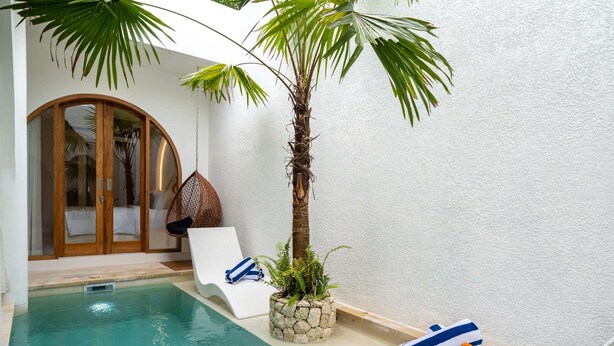 A pool area with lounge chairs, a palm tree, and a wooden door. - Villa Atlas (Legian)