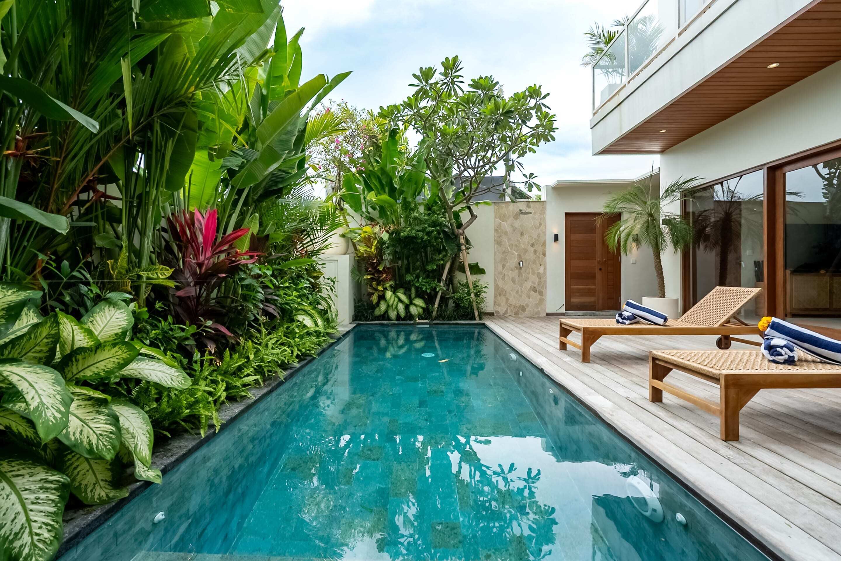 A swimming pool with wooden deck and lounge chairs, surrounded by lush tropical plants.
