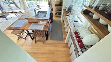 Fridge, microwave, cookware/dishes/utensils