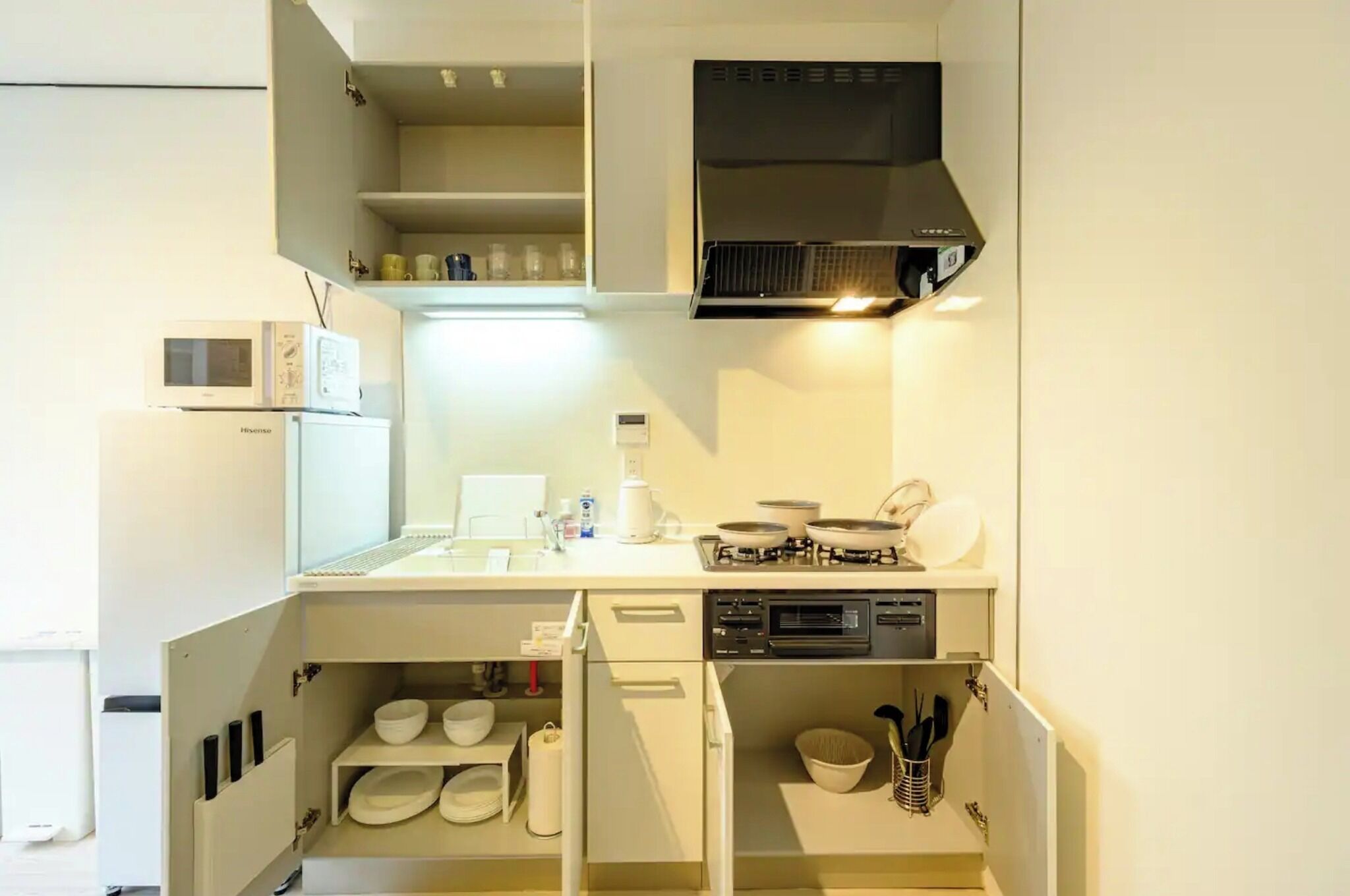 Fridge, microwave, stovetop, cookware/dishes/utensils