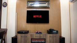 A room with a mounted television displaying 'NETFLIX,' a wooden entertainment unit with speakers, and a framed picture above the TV. - 3-bedroom Family Paradise Villa in Woods (Magnetiti)