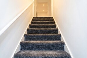 Un escalier dont les marches sont recouvertes de moquette, menant à une porte située en haut.