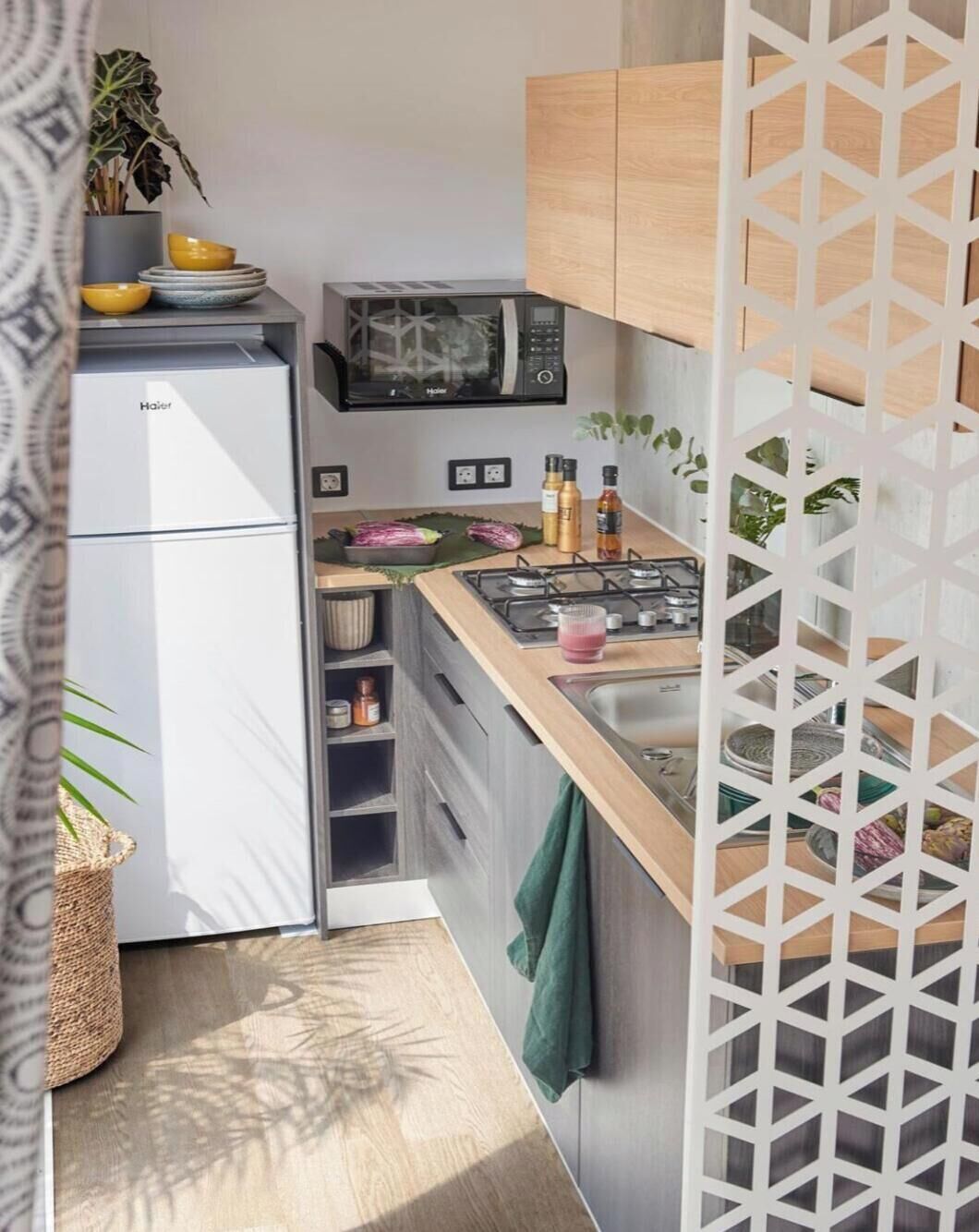 Réfrigérateur, micro-ondes, plaque de cuisson, cafetière/bouilloire