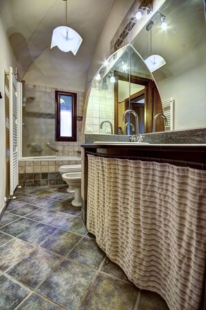 Regadera, bidet, toallas, papel de baño 