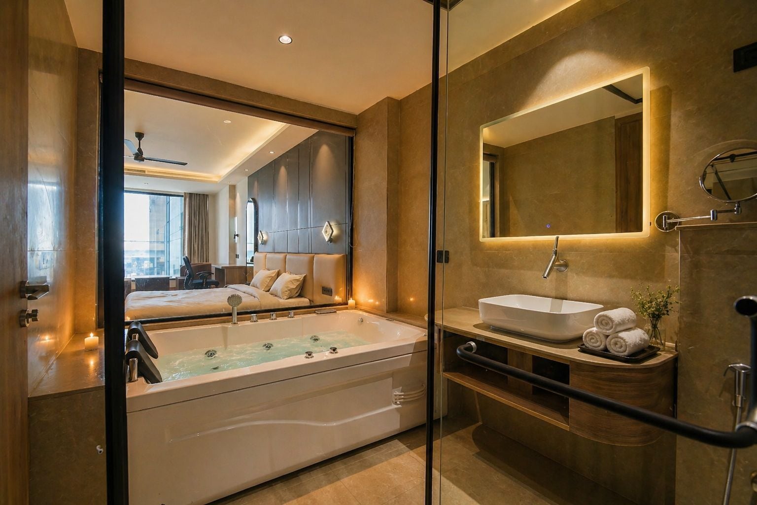 Luxury Room, City View | Bathroom | Slippers, towels, soap, shampoo