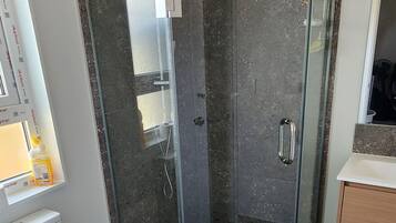 A bathroom with a glass shower enclosure, a toilet, and a sink.