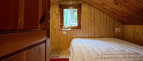 A wooden room with a bed, a window, and a door.