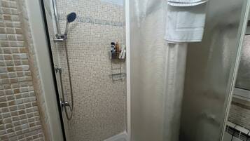 Hair dryer, bidet, towels, soap