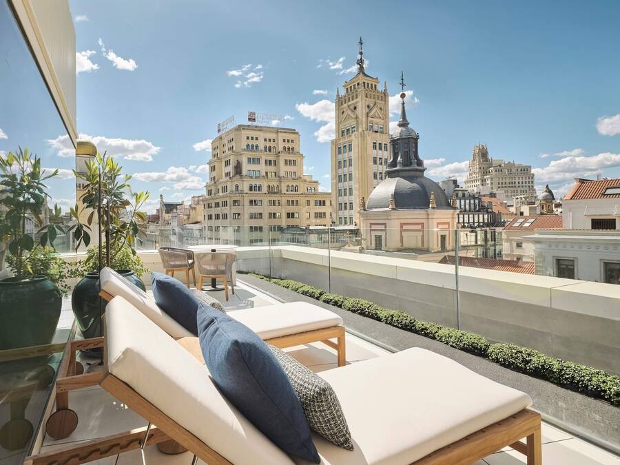 Una terraza en la azotea con sillones de descanso, plantas en macetas y vistas a edificios históricos.