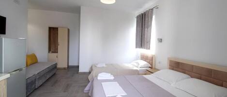 Habitación de hotel con dos camas, un sofá, televisión y kitchenette.