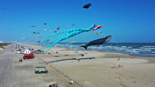 A beach with a large whale-shaped kite, a golf cart, and a row of parked cars along the shore. - Walk to Beach + Boardwalk | Golf Cart Zone + Pool Access | Ocean View Efficiency (Port Aransas)