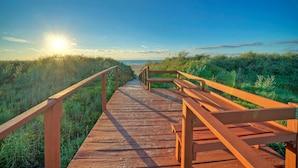 A wooden boardwalk leading to a beach with a clear sky and sun. - Walk to Beach + Boardwalk | Golf Cart Zone + Pool Access | Ocean View Efficiency (Port Aransas)