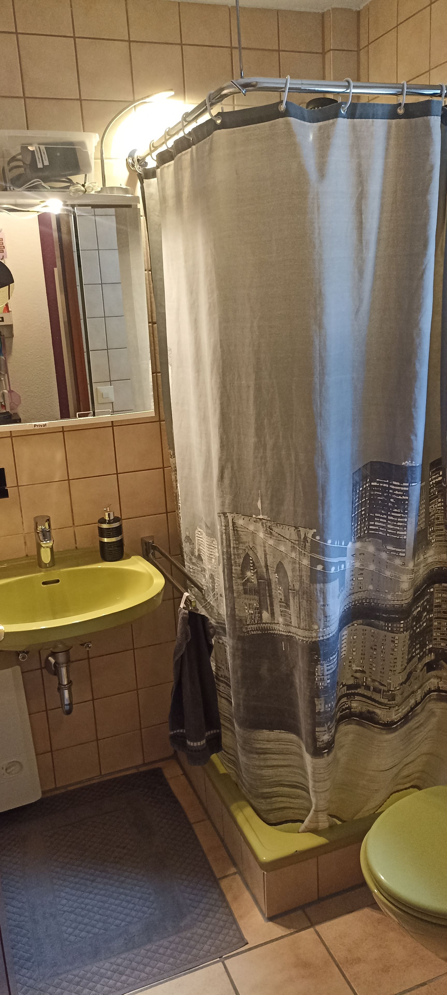 Ein Badezimmer mit einem gelben Waschbecken, einem Spiegel, einer Duschvorhang mit Stadtansicht und einer Toilette.