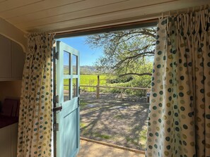 Une pièce donnant sur un jardin clos, avec une porte en bois et une fenêtre avec des rideaux.