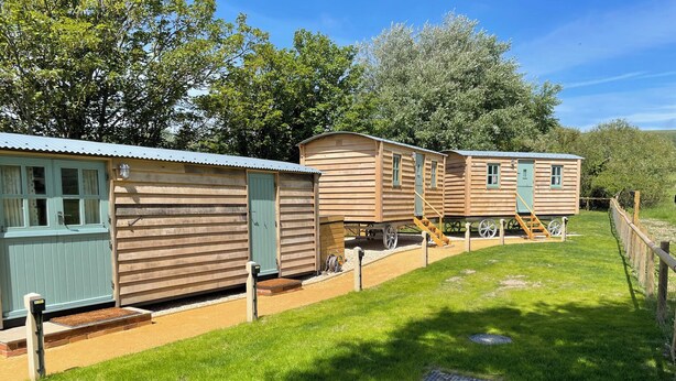 A row of wooden mobile homes with a grassy yard and a wooden fence.