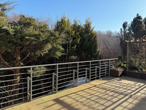 Eine Holzdielen-Terrasse mit Metallgeländern, umgeben von Bäumen und einem klaren Himmel.