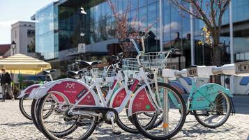 Varias bicicletas con cestas aparcadas sobre adoquines.
