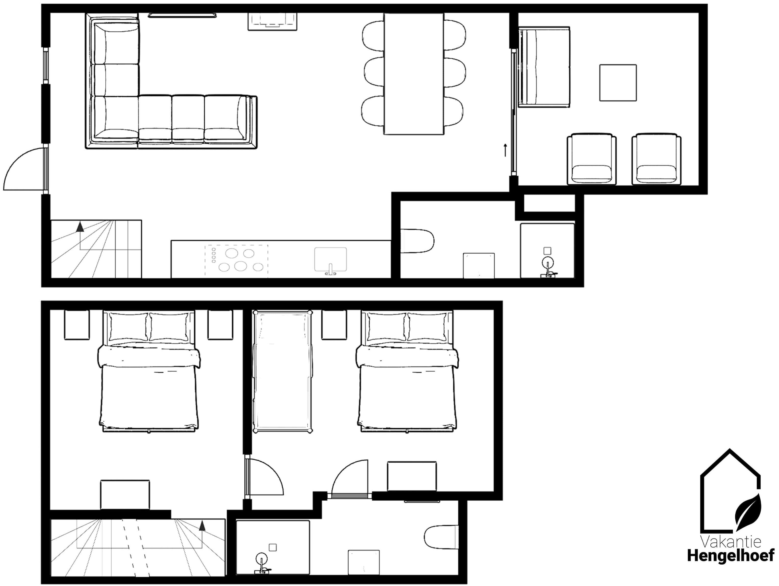 A floor plan of a hotel room with a bed, bedside table, and a small seating area.