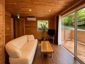 A wooden interior with a sofa, a television, and a window.