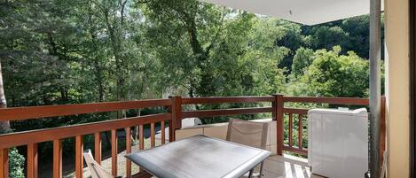 Un balcon avec une table et des chaises, un radiateur et une vue sur une colline boisée.