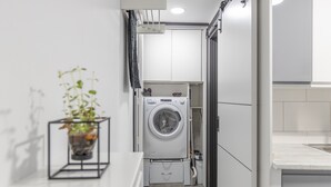 Une petite buanderie équipée d’un lave-linge, d’un étendoir et d’une plante en pot.