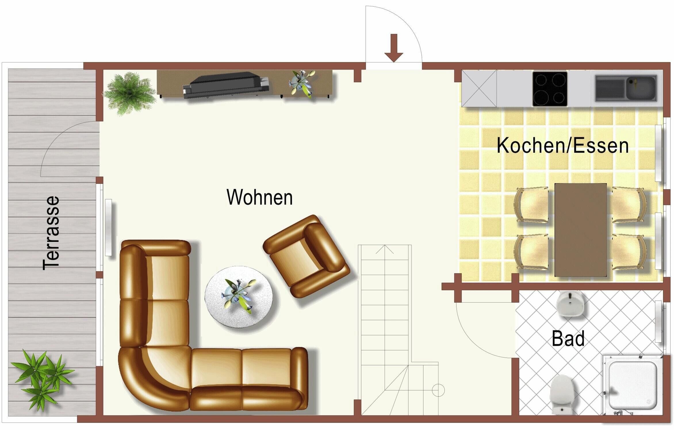 Et hotelværelse med opholdsområde, tekøkken, badeværelse og terrasse.