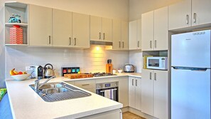 Fridge, microwave, oven, stovetop