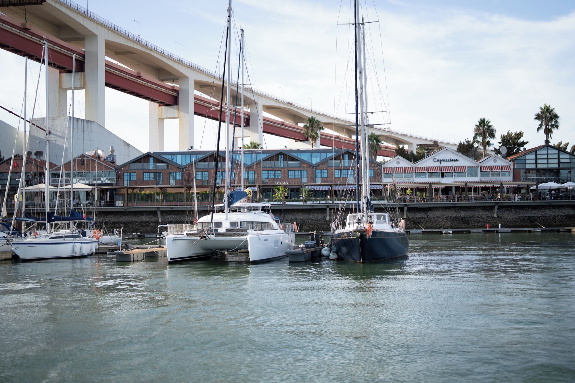 Un puerto deportivo con varias embarcaciones amarradas, un puente en primer plano y edificios con terrazas al fondo.