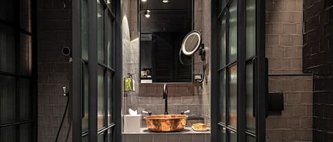 Shower, designer toiletries, hair dryer, bathrobes