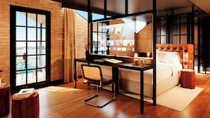 A modern hotel room with a large window, a bed, a desk, and a view of the outdoors. - Docas Hotel Lisbon (Lisbon)