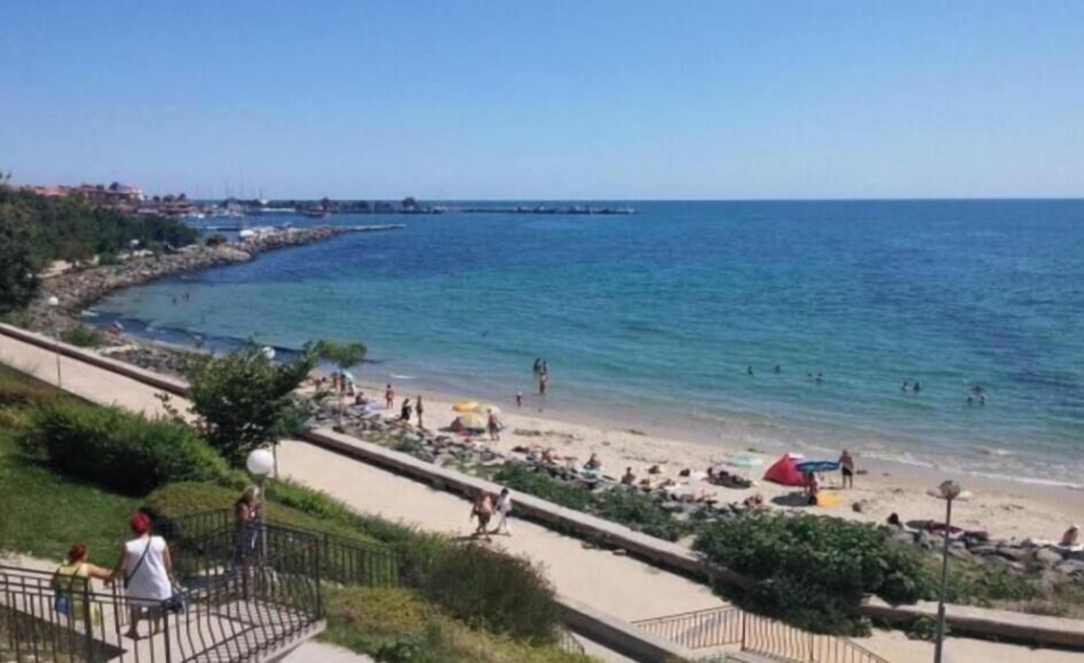 Ein Küstenstrand mit befestigtem Gehweg, Badegästen und einem Pier im Hintergrund.