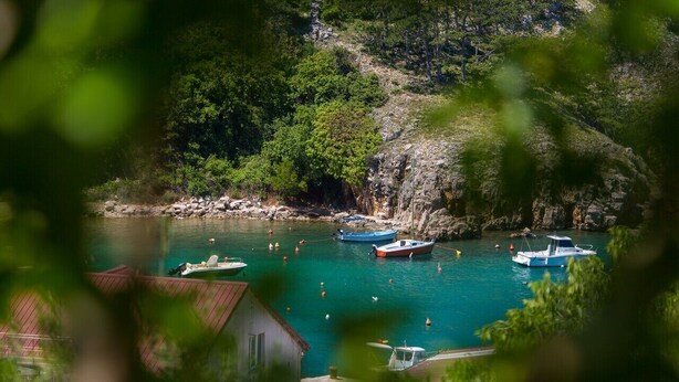 A coastal scene with boats docked near a rocky shore, surrounded by greenery. - Apartment Bijenica - surrounded by lush greenery (Vrbnik)