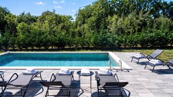 Piscina retangular com deck ladrilhado, rodeada por espreguiçadeiras e uma fileira de árvores.