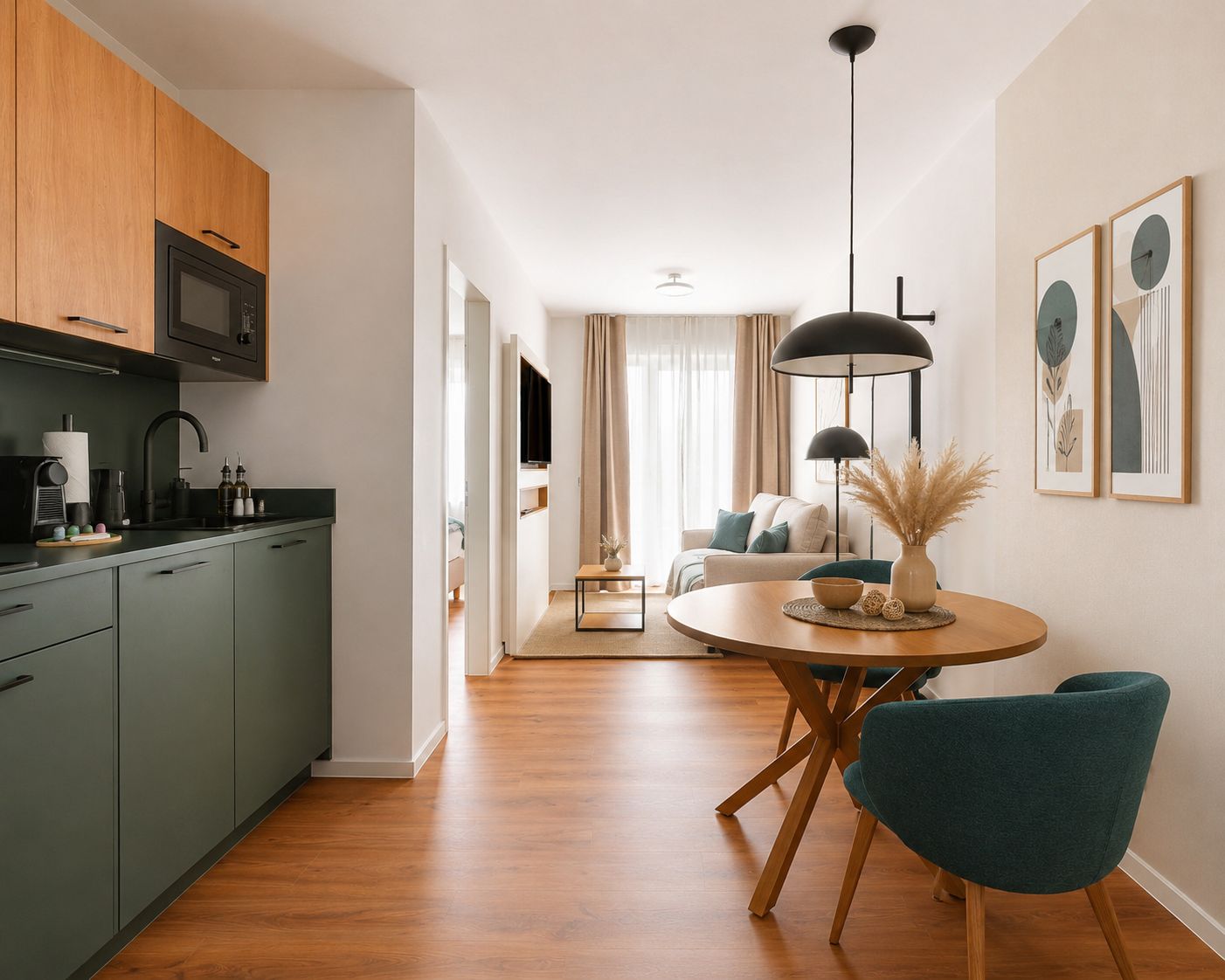 A modern kitchen with green cabinets, a black microwave, and a coffee maker.