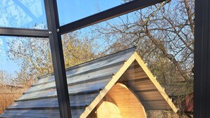 A rustic wooden birdhouse attached to a metal roof, a bear sculpture on a wooden deck, and a glass enclosure with a metal frame. - Tiny house # starry view # sauna # wild hot (Carinerland)
