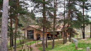 Un chalet rustique entouré de grands pins, un sentier de terre menant à celui-ci et une clôture en bois.