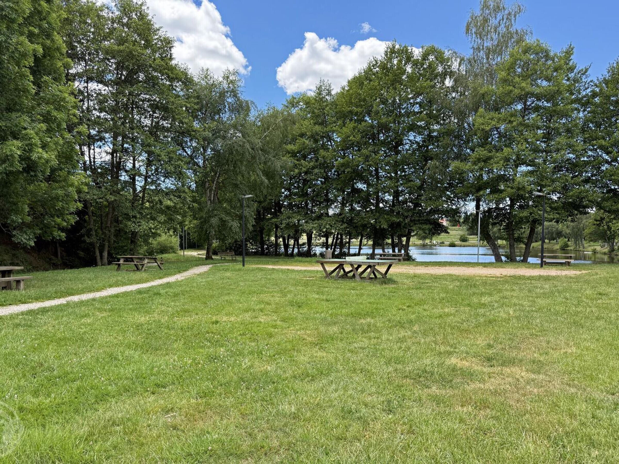 Un parque con mesas de picnic y bancos, un sendero para caminar y un lago al fondo.