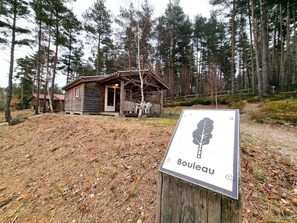 Eine Holzhütte mit Veranda, umgeben von Bäumen.