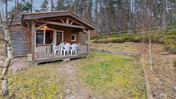 A wooden cabin with a porch and outdoor seating area surrounded by a forest. - Nature chalet, pets welcome - 6 guests (Usson-en-Forez)
