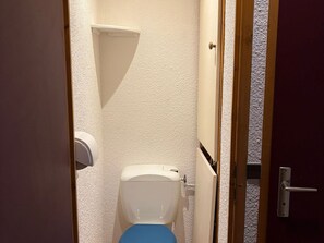 A small, narrow bathroom with a toilet, a hand dryer, and a door with a wooden frame. - Cozy studio with mountain view - 4 guests (Demi-Quartier)
