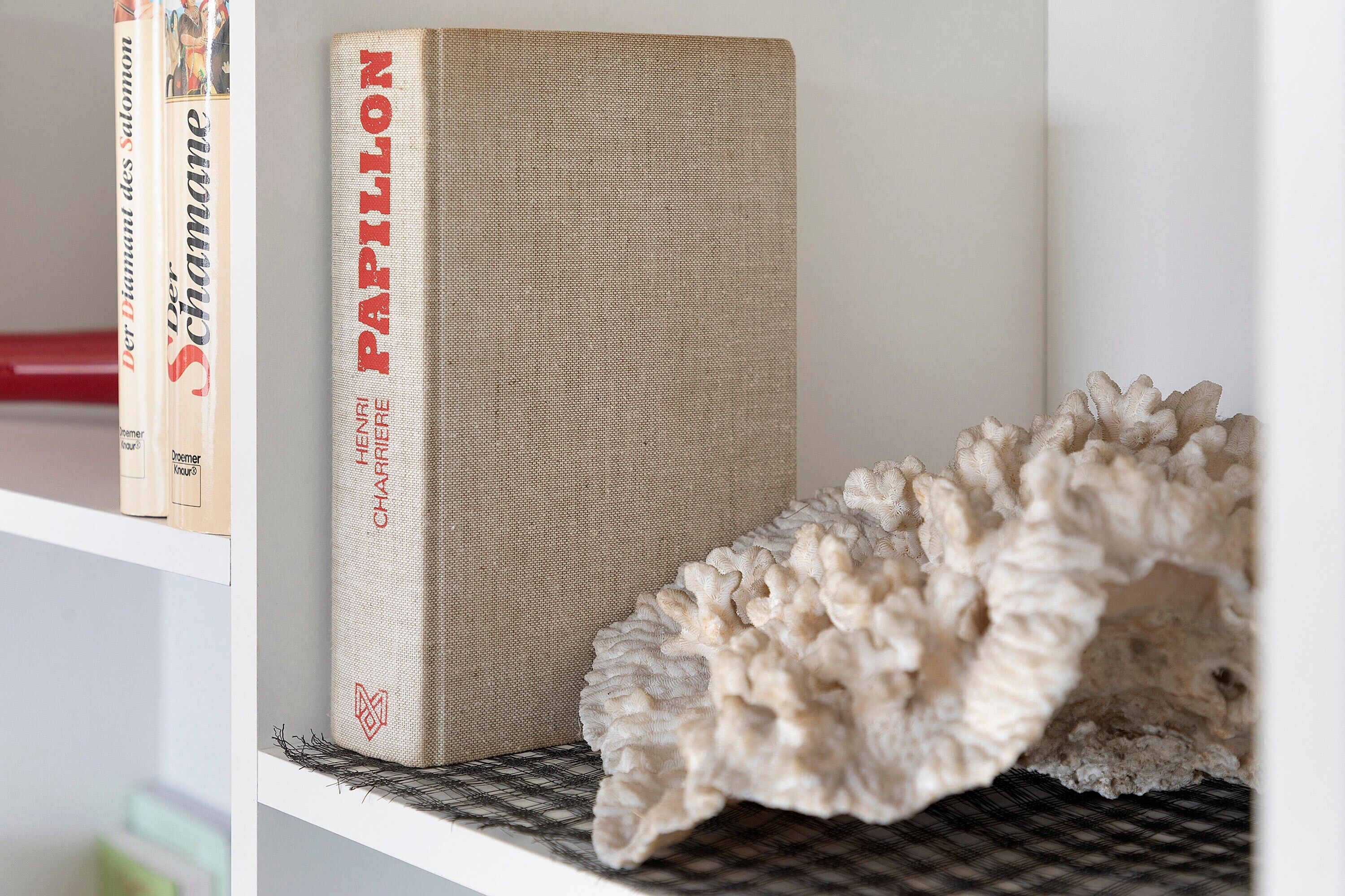 A bookshelf with books and a coral sculpture.