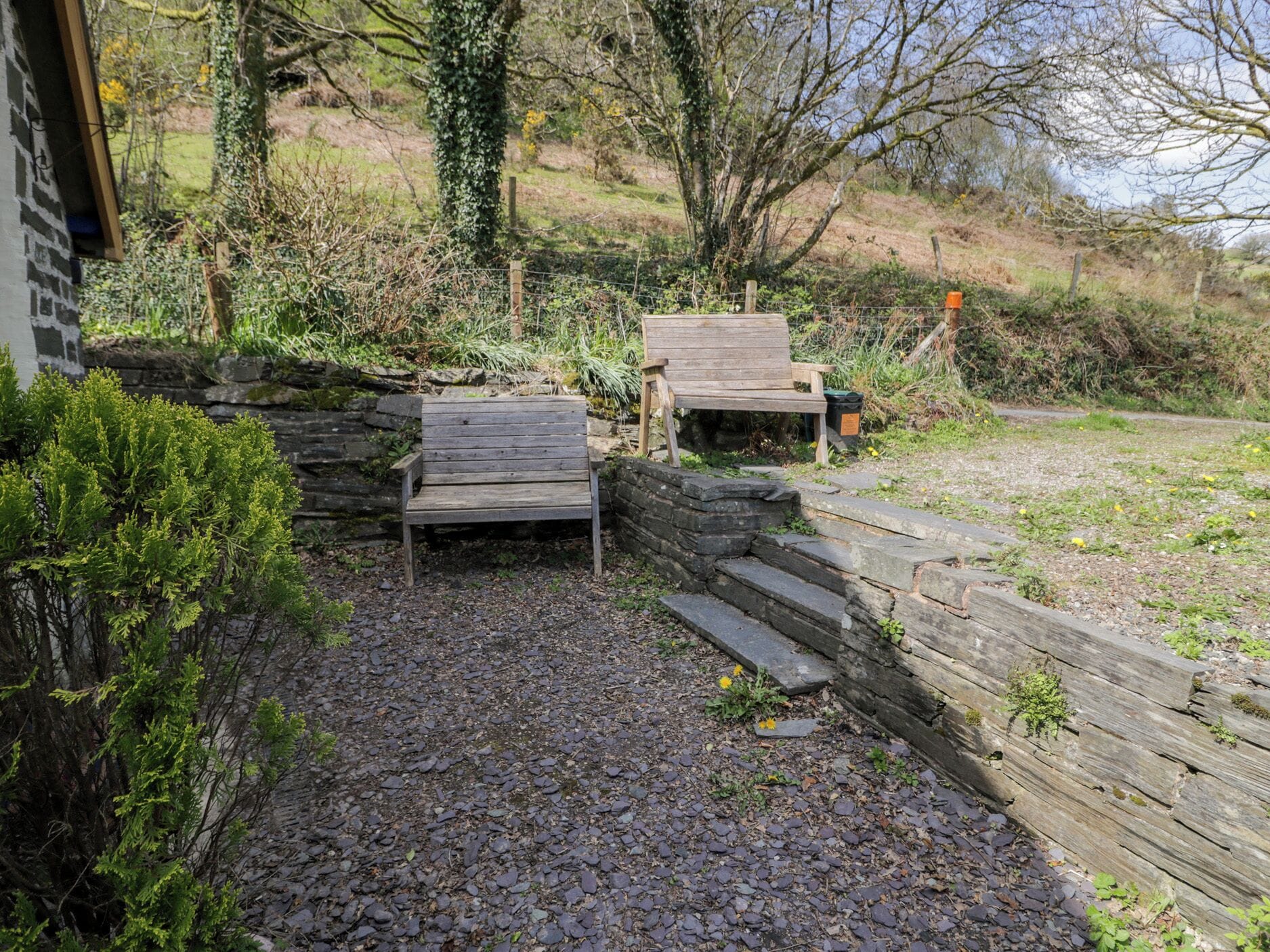 A garden with two wooden benches, a stone wall, and a gravel path.