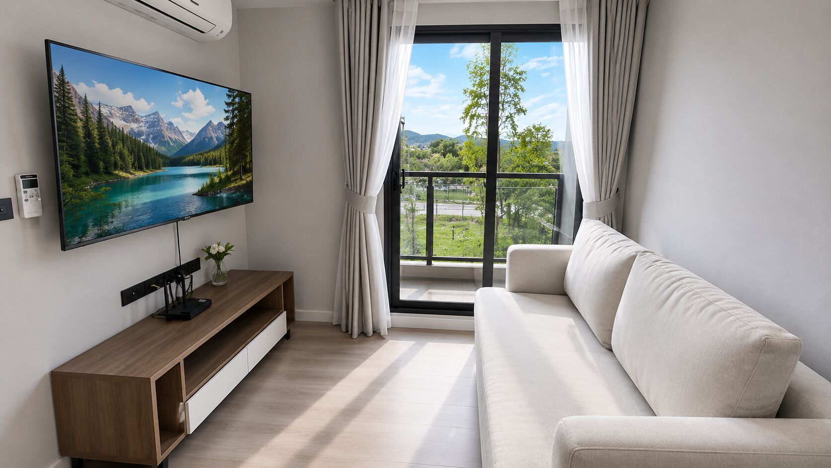 Apartment, Balcony, City View | Living room | 55-inch flat-screen TV with digital channels
