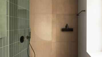 A modern shower area with a rain showerhead, a handheld showerhead, and a shelf with toiletries.